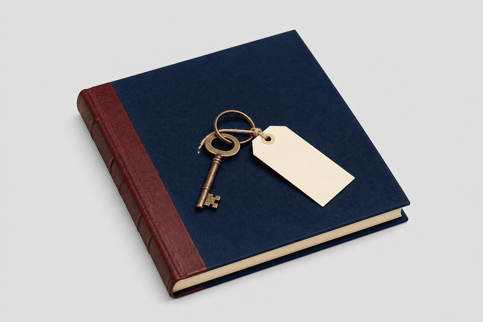A navy household ledger with a brass house key and a blank paper tag